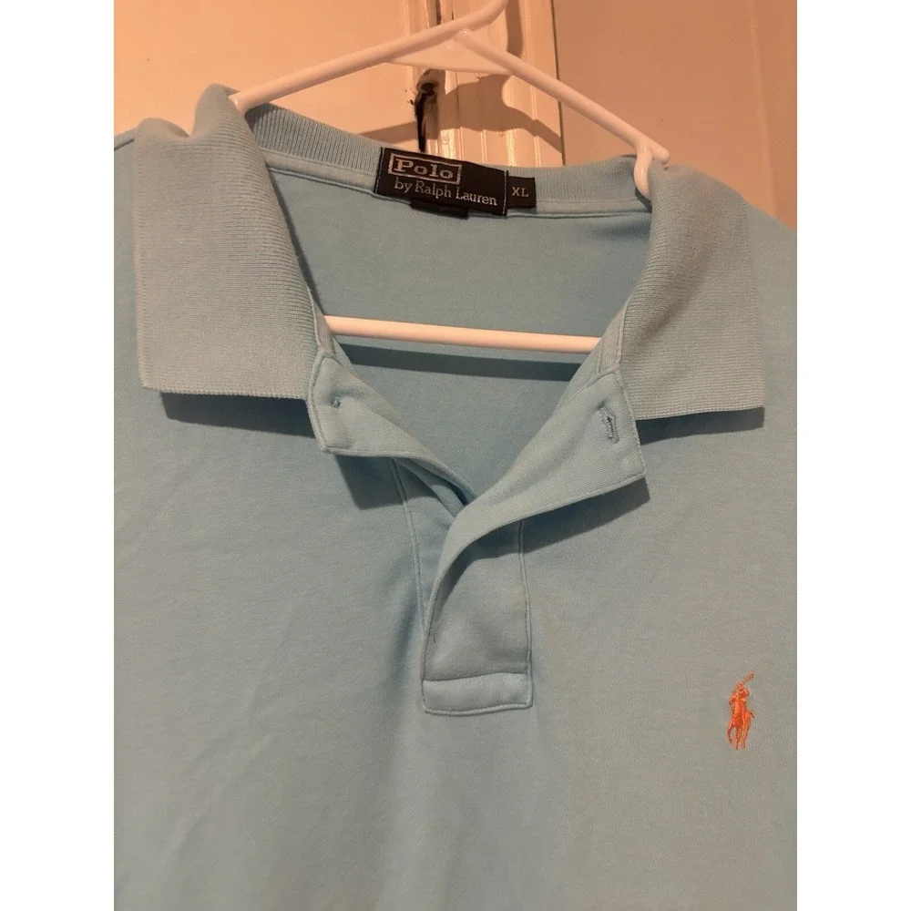 Polo Ralph Lauren Solid Light‎ Blue Cotton Polo Orange Logo Shirt Mens XL
